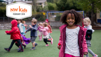 curly haired girl with kids playing in background