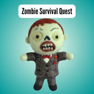 Zombie survival quest promo with felted wool zombie in business suit